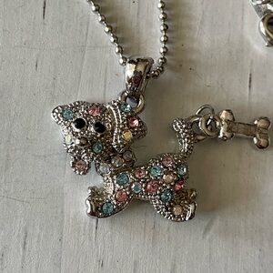 Puppy dog and dog bone multi color stones necklace, pink blue silver tone